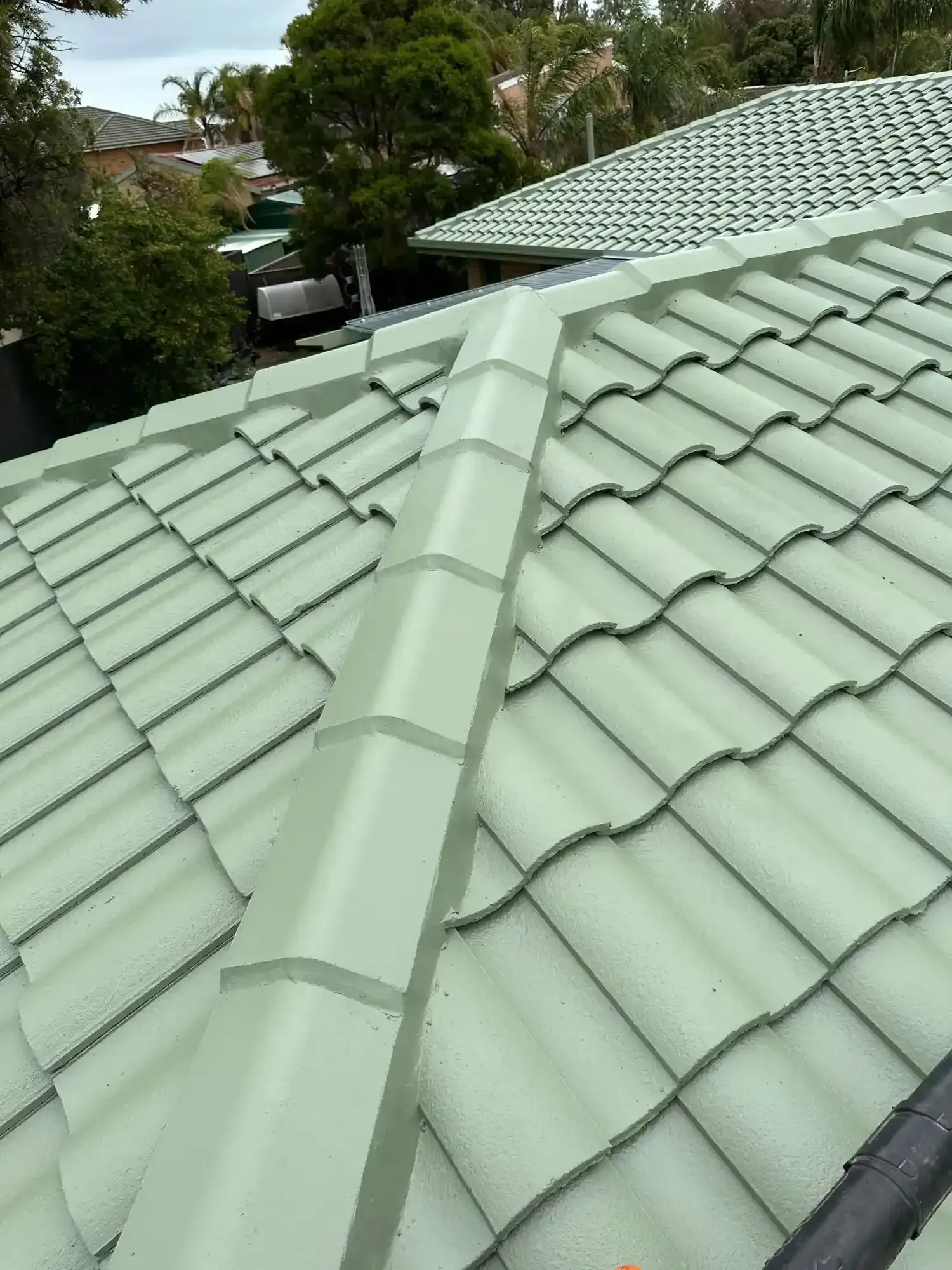 A close up of a green tiled roof with trees in the background.