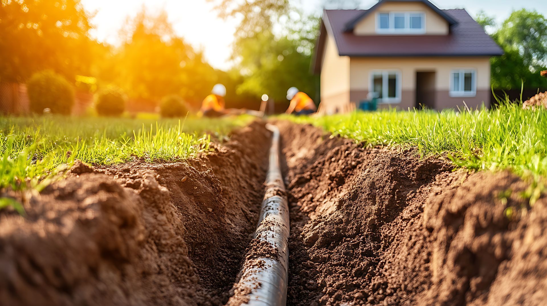 Suburban pipe installation, workers, house background. Suburban pipe installation, workers, house background.