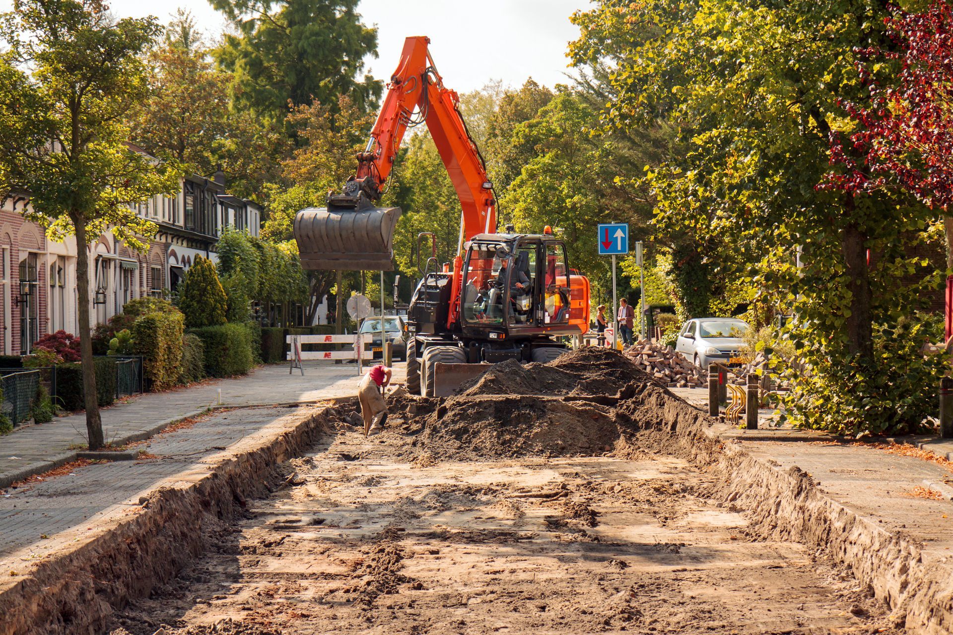 Sewerage works in a residential area. Sewerage works in a residential area.