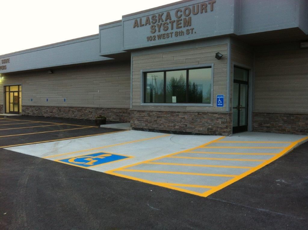 Accessible parking spaces outside Alaska Court System building