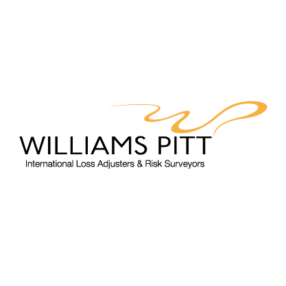 Logo for Williams Pitt, international loss adjusters and risk surveyors. Text is black, with an orange swirl design.