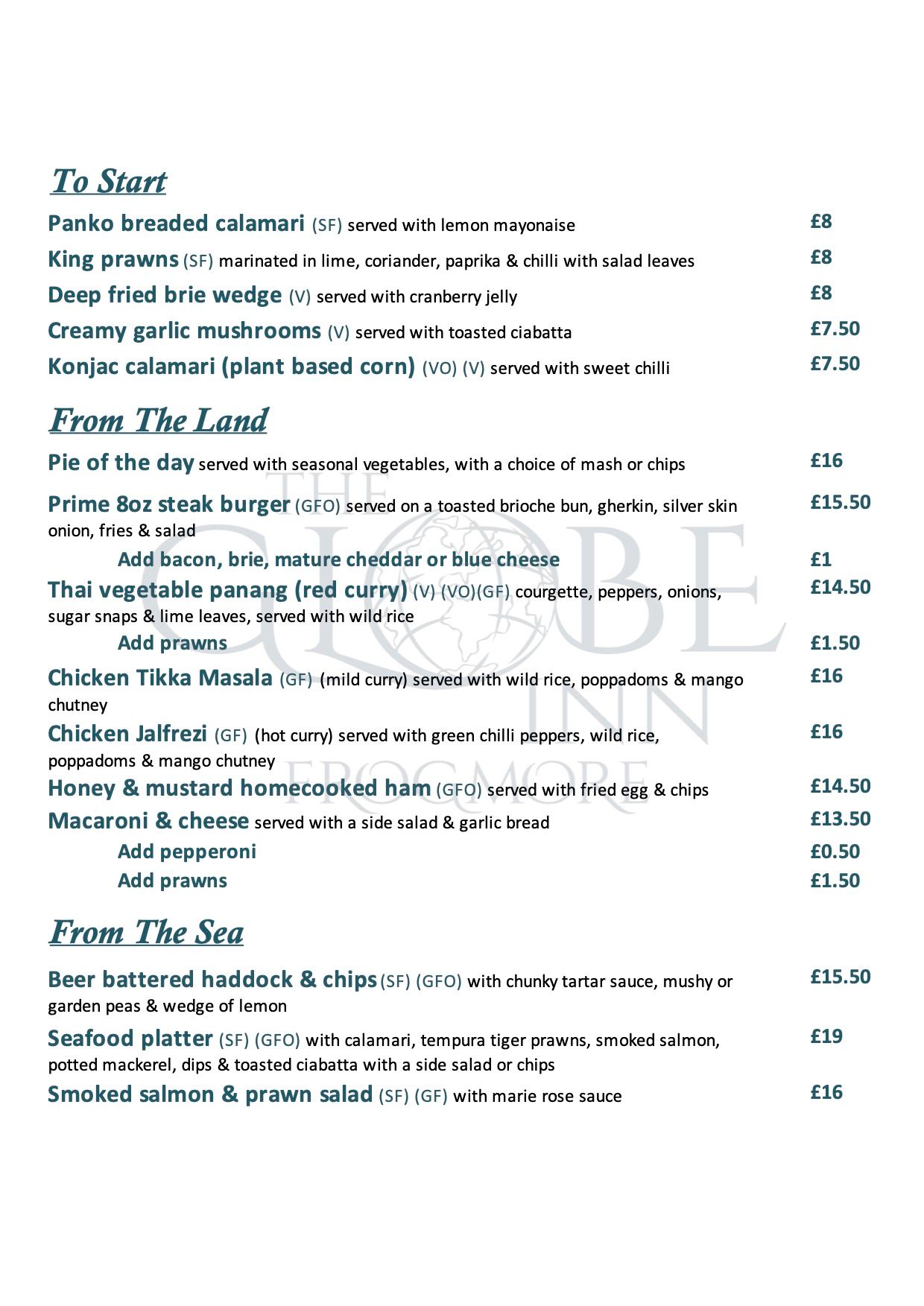 Our Menu The Globe Inn Frogmore Homemade, fresh foods near Kingsbridge