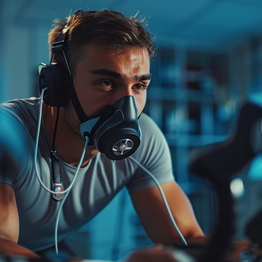 A man wearing a gas mask and headphones is riding an exercise bike.
