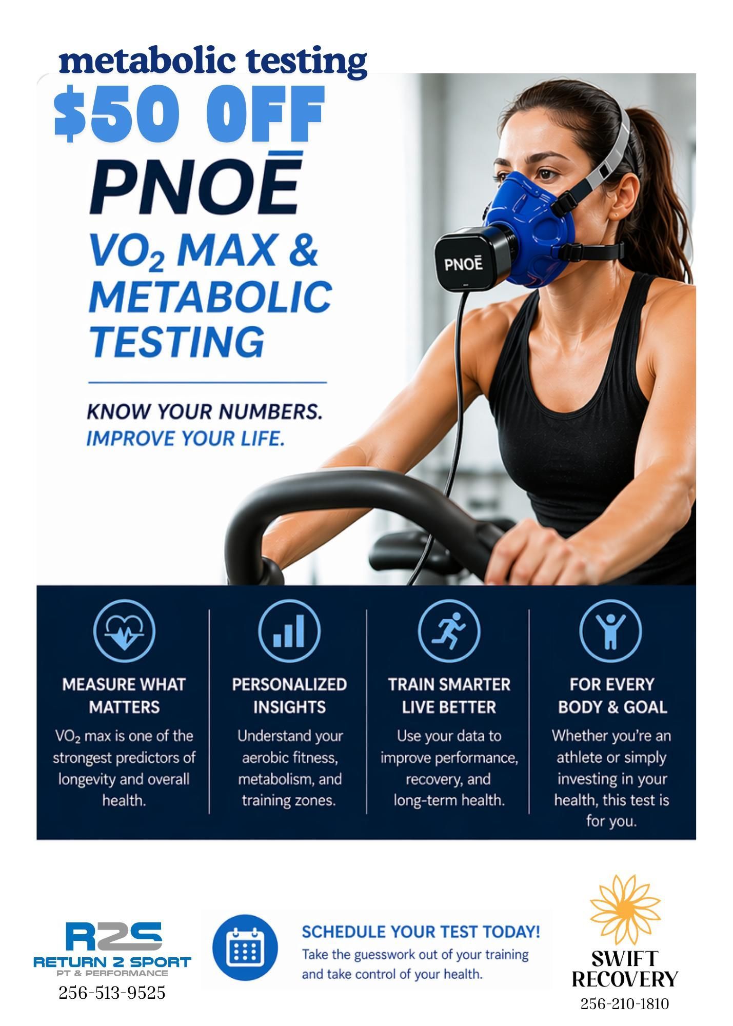 Blue-and-white promo for $50 off VO2 max metabolic testing, showing a woman wearing a fitness mask on a bike.