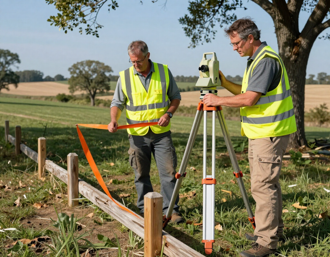 Dos topógrafos con chalecos reflectantes utilizando un trípode y equipo junto a una valla rural en un campo.