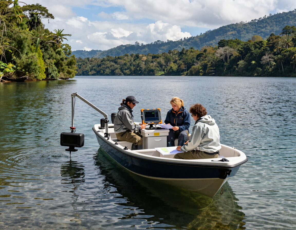 Tres personas en una pequeña barca en un lago, una de ellas usando una cámara junto a montañas boscosas.