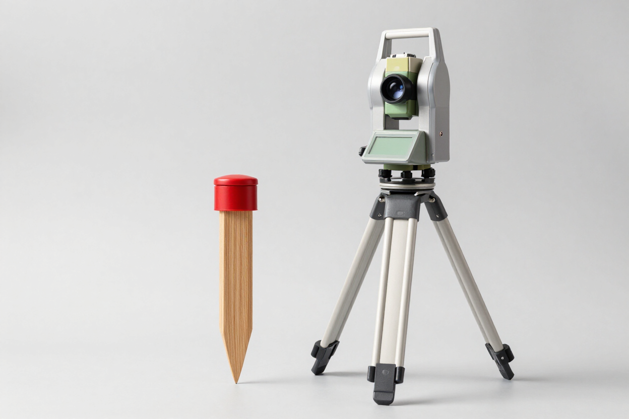 Instrumento de topografía sobre trípode junto a un lápiz de madera con goma de borrar roja.
