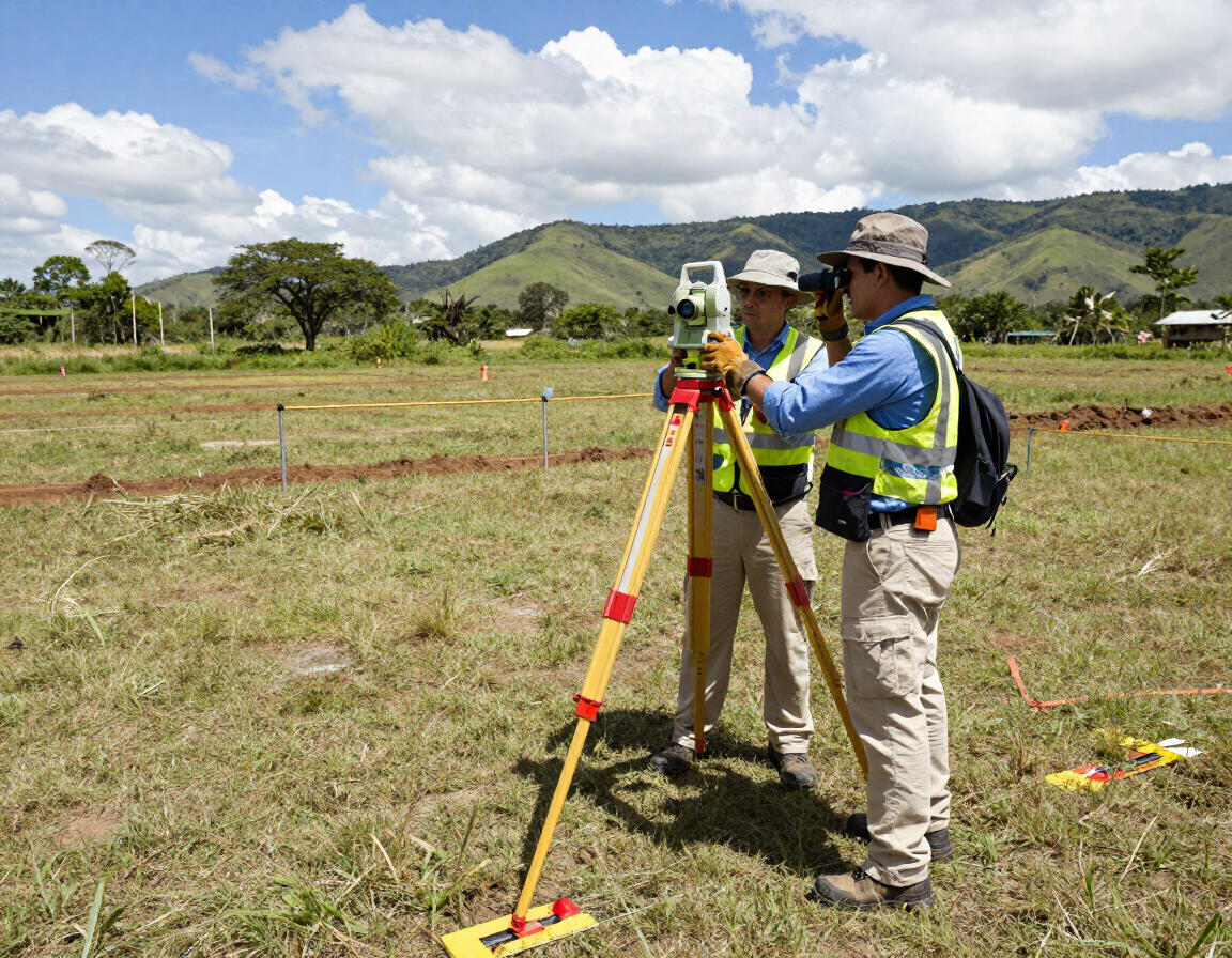 Dos topógrafos utilizando un trípode GPS en un campo de hierba con montañas al fondo.