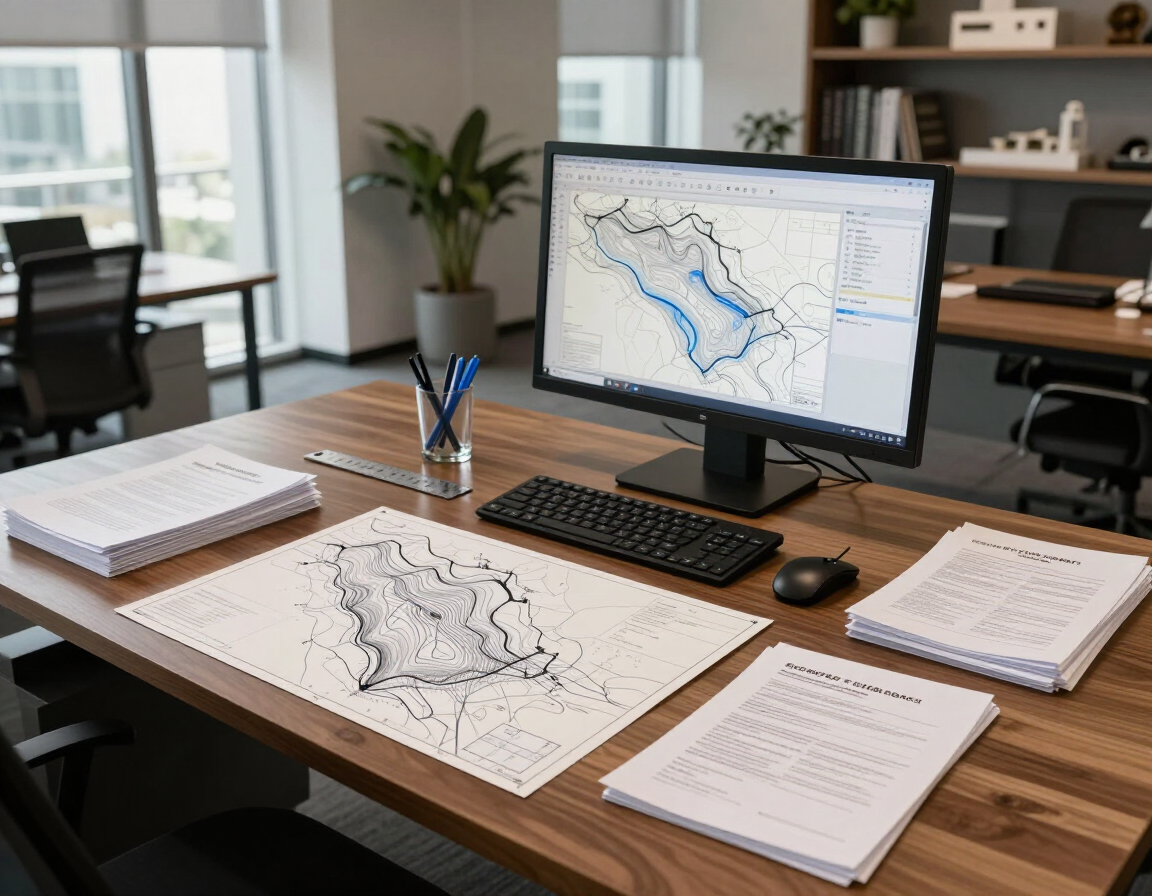 Escritorio de oficina con mapas, papeles y un monitor que muestra un mapa de ruta.