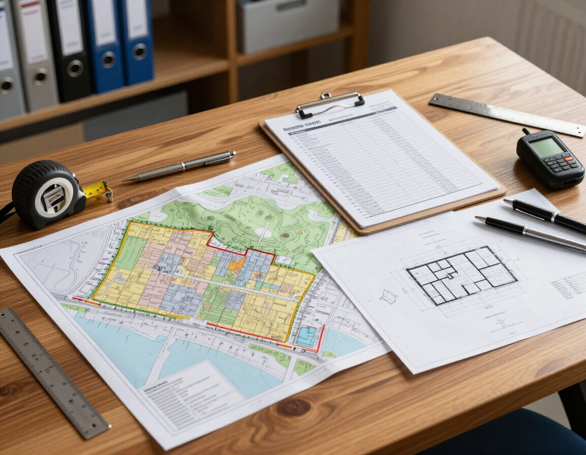 Escritorio con un mapa del sitio, bocetos del plano de planta, regla, cinta métrica, portapapeles y walkie-talkie.