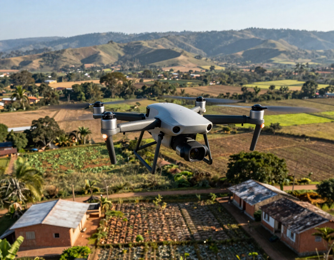 Un dron agrícola sobrevuela campos de cultivo y casas en un valle rural con colinas al fondo.
