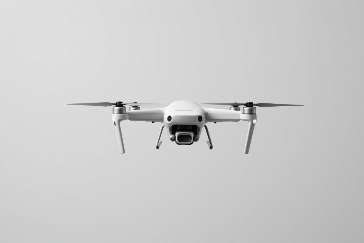 Dron blanco flotando de frente contra un fondo gris liso.
