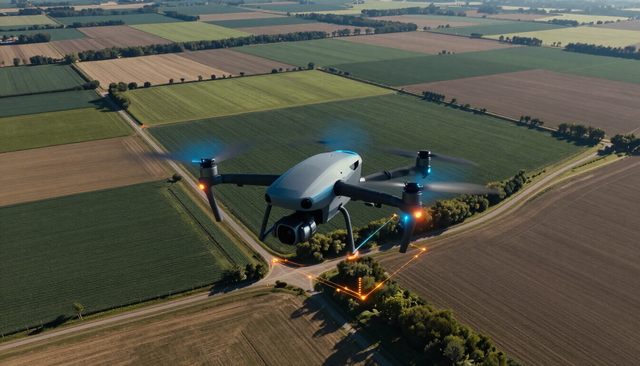 Un dron sobrevuela tierras de cultivo al atardecer, con hélices iluminadas en azul y un camino de tierra debajo.