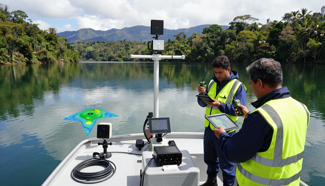 Dos trabajadores con chalecos reflectantes manejan equipos