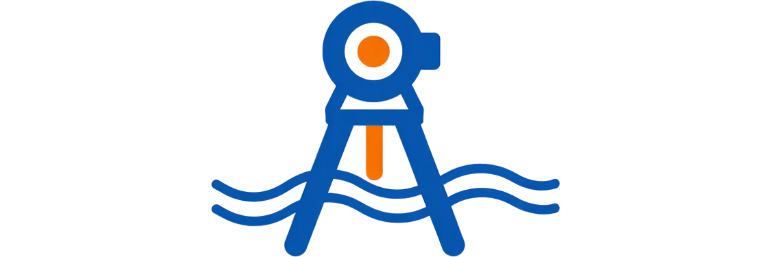 Logotipo abstracto azul y naranja con el icono de una persona sobre líneas onduladas.