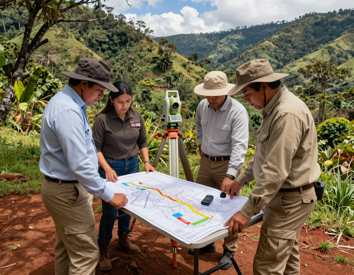 Cuatro personas estudian un mapa de colores sobre una mesa en un campo rural con montañas al fondo.