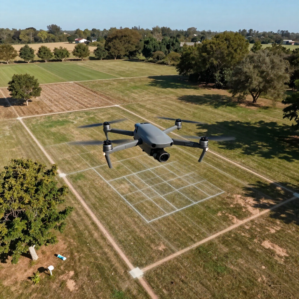 Un dron sobrevuela un campo de hierba delimitado en un parque rural.