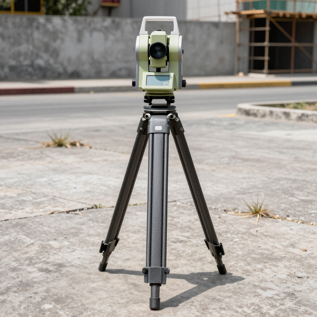 Instrumento de topografía sobre un trípode colocado en un terreno pavimentado al aire libre.