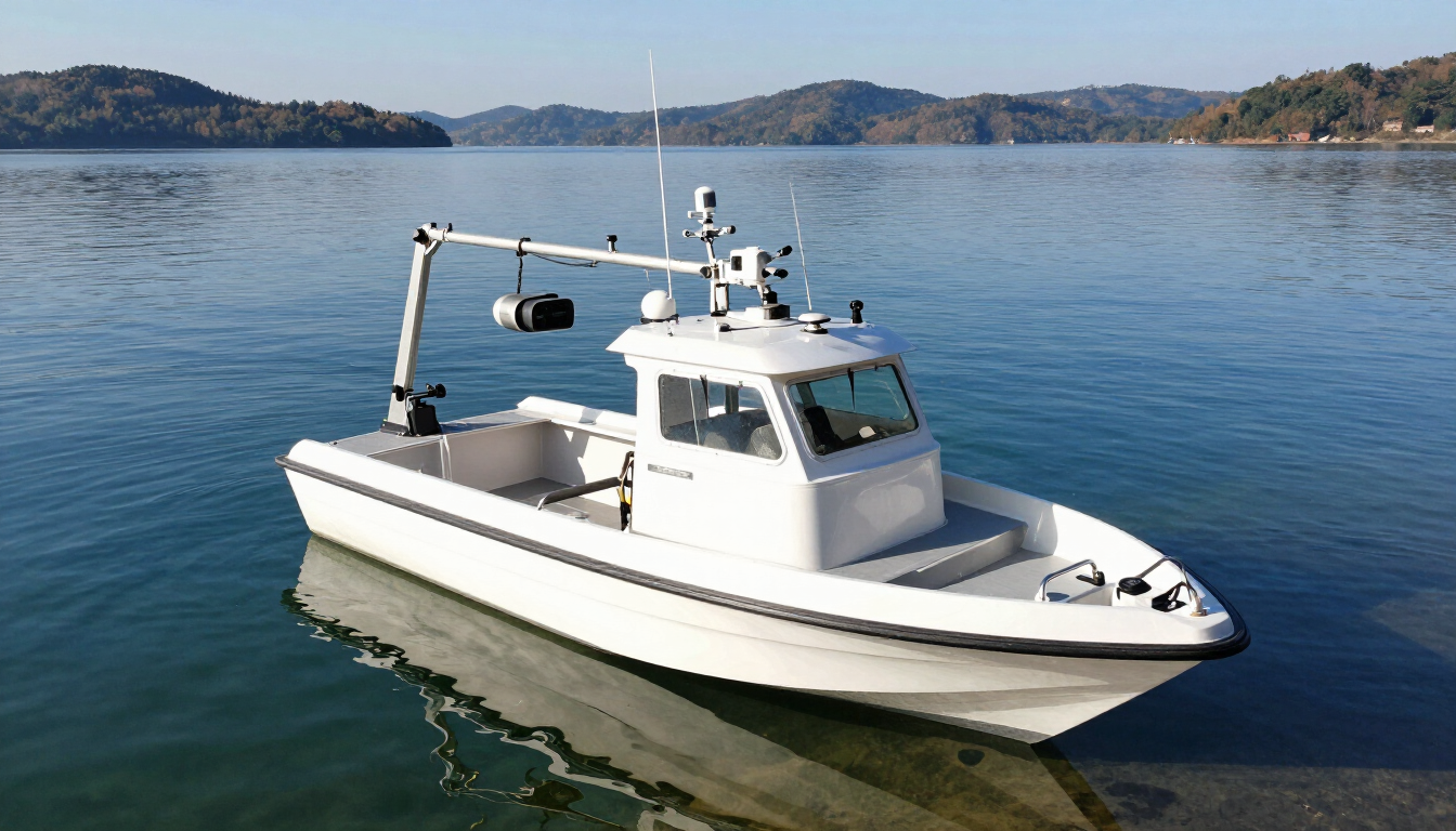 Barco de pesca blanco en aguas azules tranquilas con montañas al fondo.