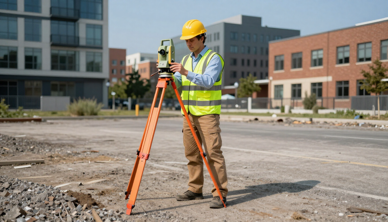 Topógrafo con casco amarillo y chaleco de seguridad utilizando un trípode en una obra de construcción.