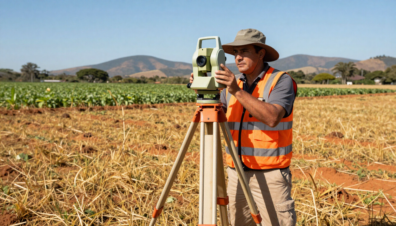 Topógrafo utilizando equipo montado sobre trípode en un campo agrícola con cultivos y colinas al fondo.
