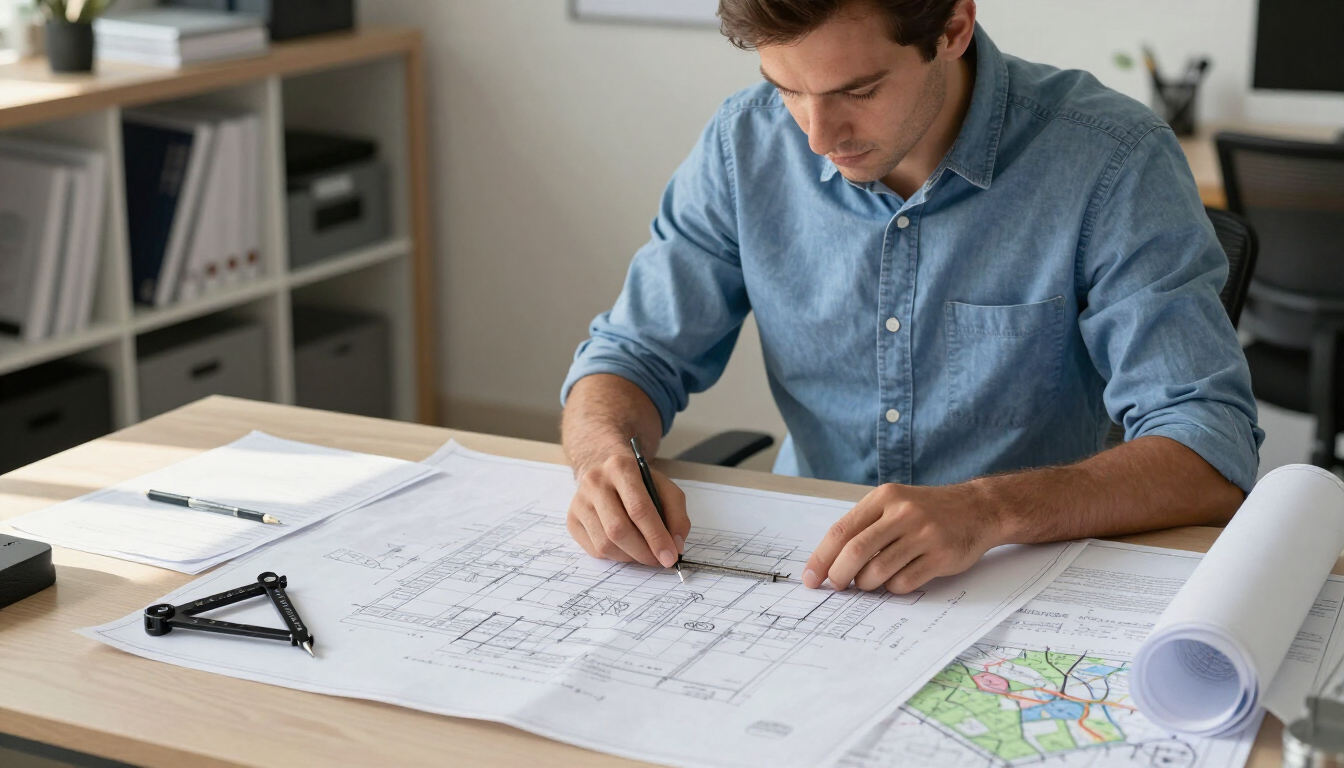 Hombre con camisa azul revisando planos arquitectónicos en un escritorio con planos enrollados y herramientas de dibujo.