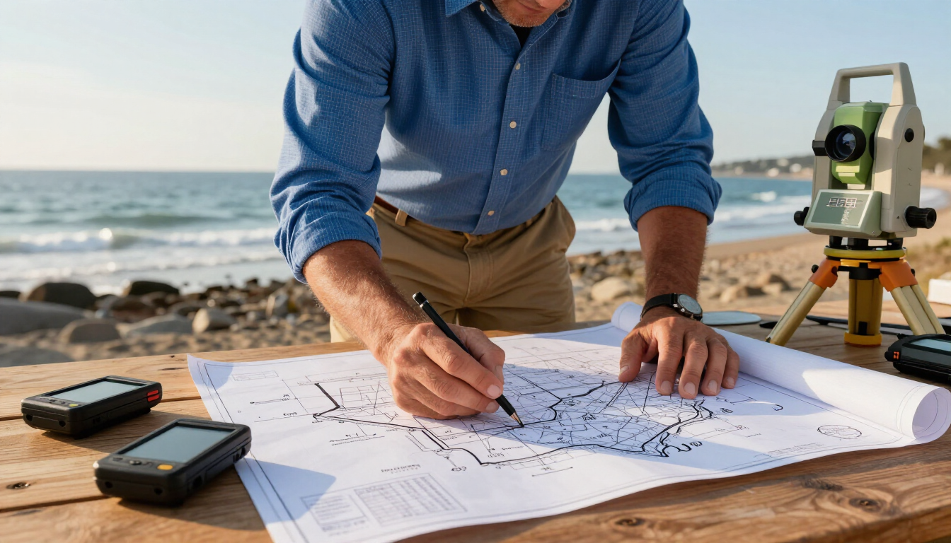 Un topógrafo con camisa azul mide planos sobre una mesa de madera junto a la playa, con un trípode cerca.