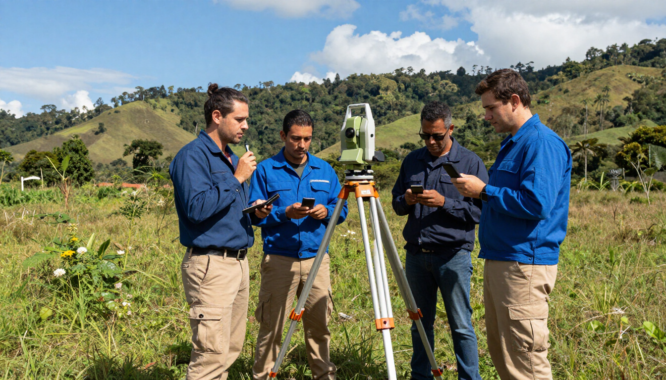 Cuatro personas con camisas azules utilizando equipos de topografía en un campo de hierba con colinas al fondo.