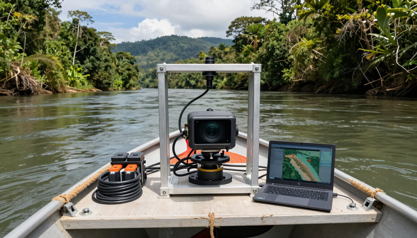 Barco de reconocimiento en un río con cámaras, computadora portátil y equipo, rodeado de exuberante bosque tropical.