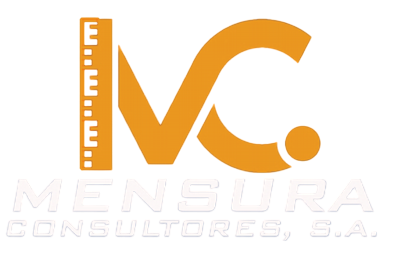 Logotipo naranja de Mensura Consultores SA con una regla, letras estilizadas y el nombre de la empresa en gris debajo.