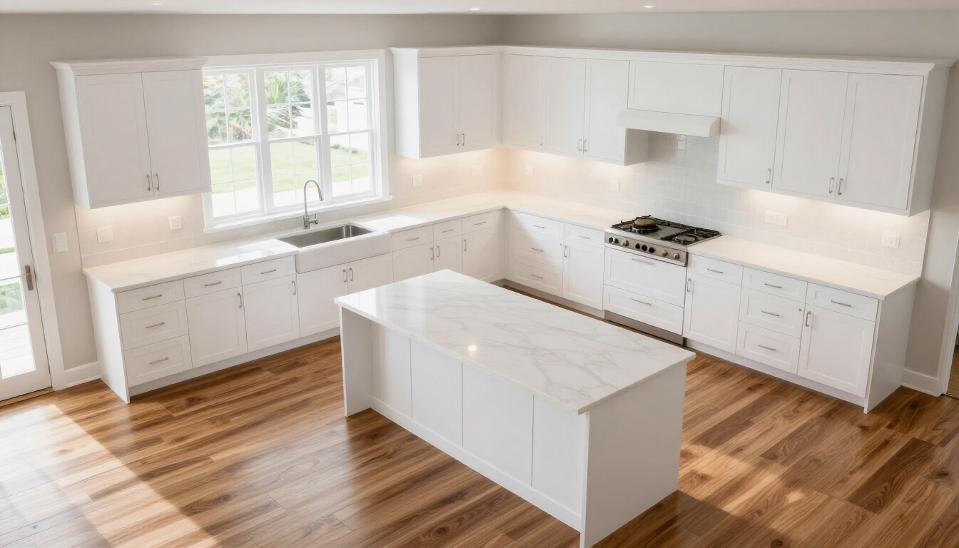 Finished kitchen renovation with custom cabinetry and quartz island countertop