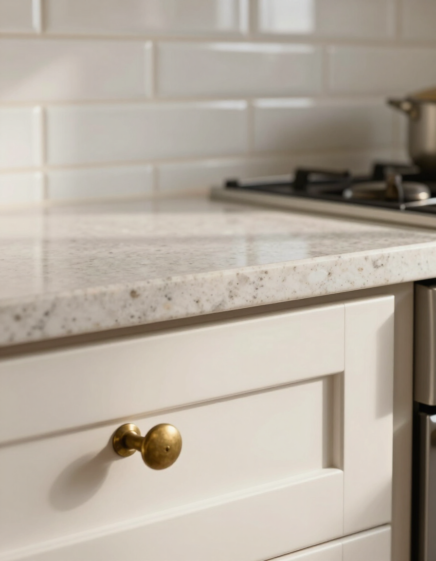 Coordinated kitchen materials: quartz countertop, cabinet hardware, and tile backsplash