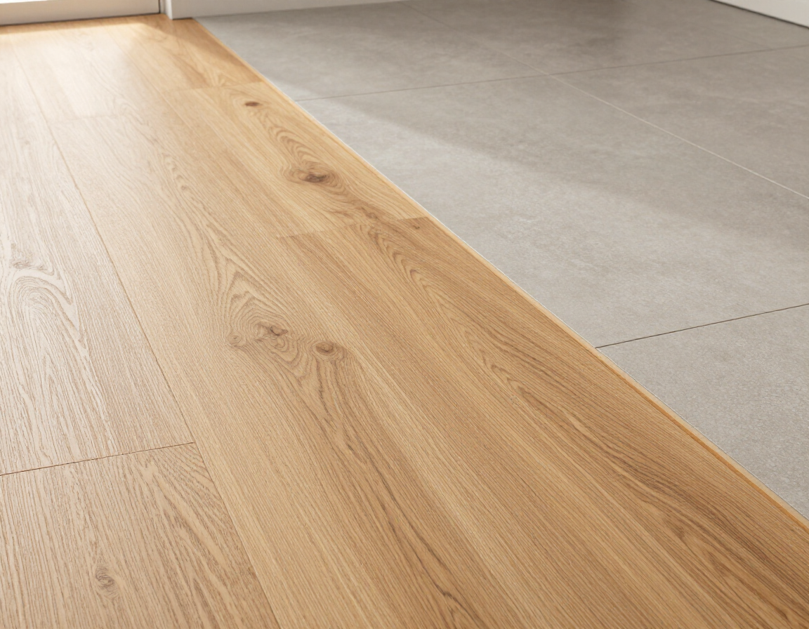 Wide-plank oak engineered hardwood meeting large-format porcelain tile