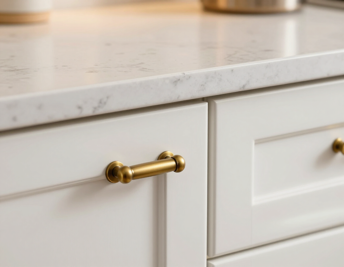 White shaker cabinets with antique brass hardware and quartz countertop