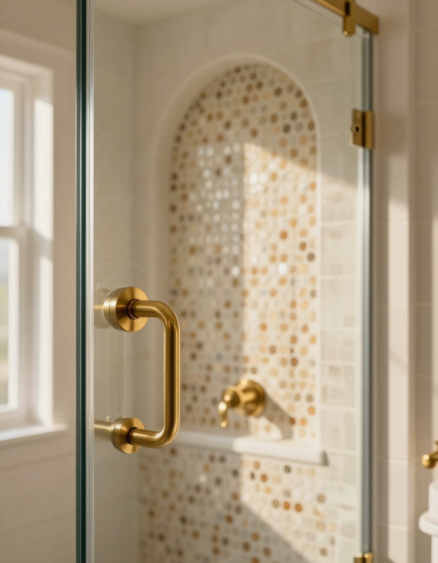Custom tile shower with brass hardware and mosaic niche detail by A1 Turns LLC.