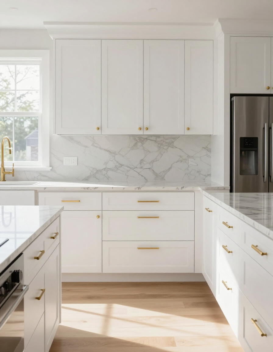 High-end kitchen renovation with white shaker cabinets and quartz countertops