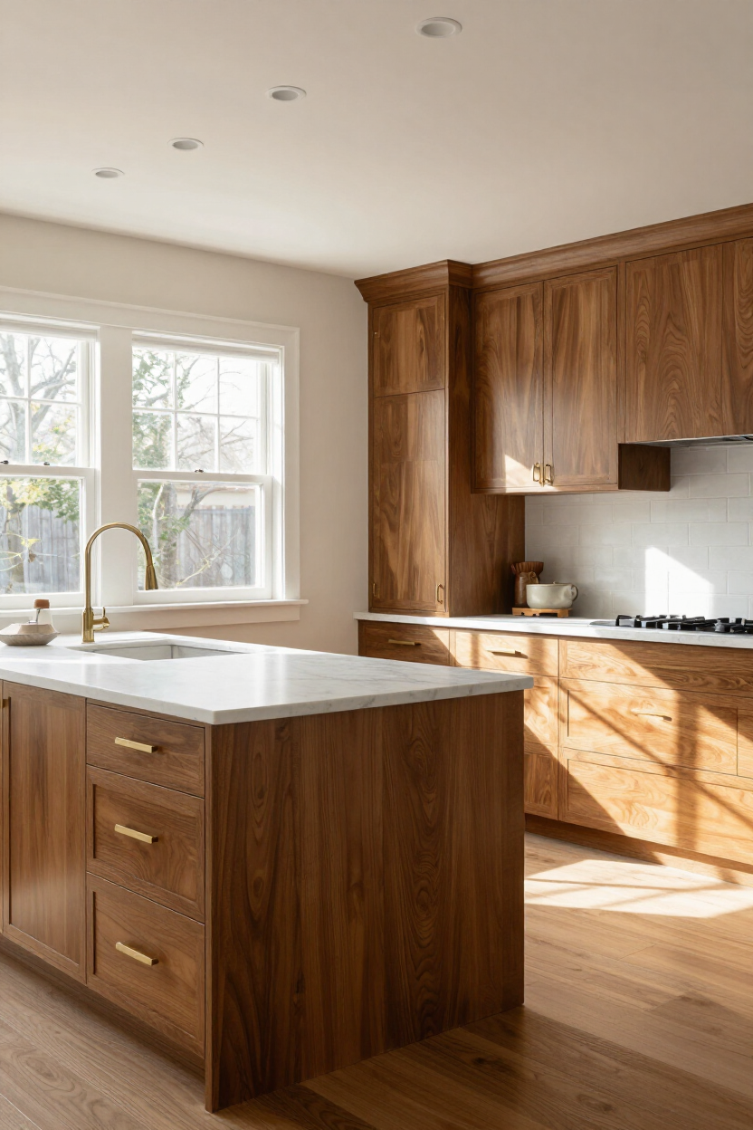 A beautifully finished kitchen renovation with warm cabinetry and brass hardware details