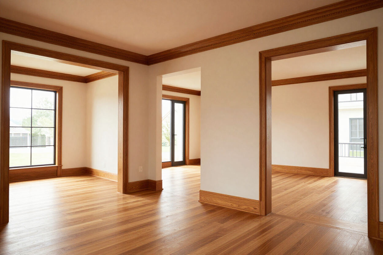 Completed multi-room renovation showing coordinated flooring, trim carpentry and finish work