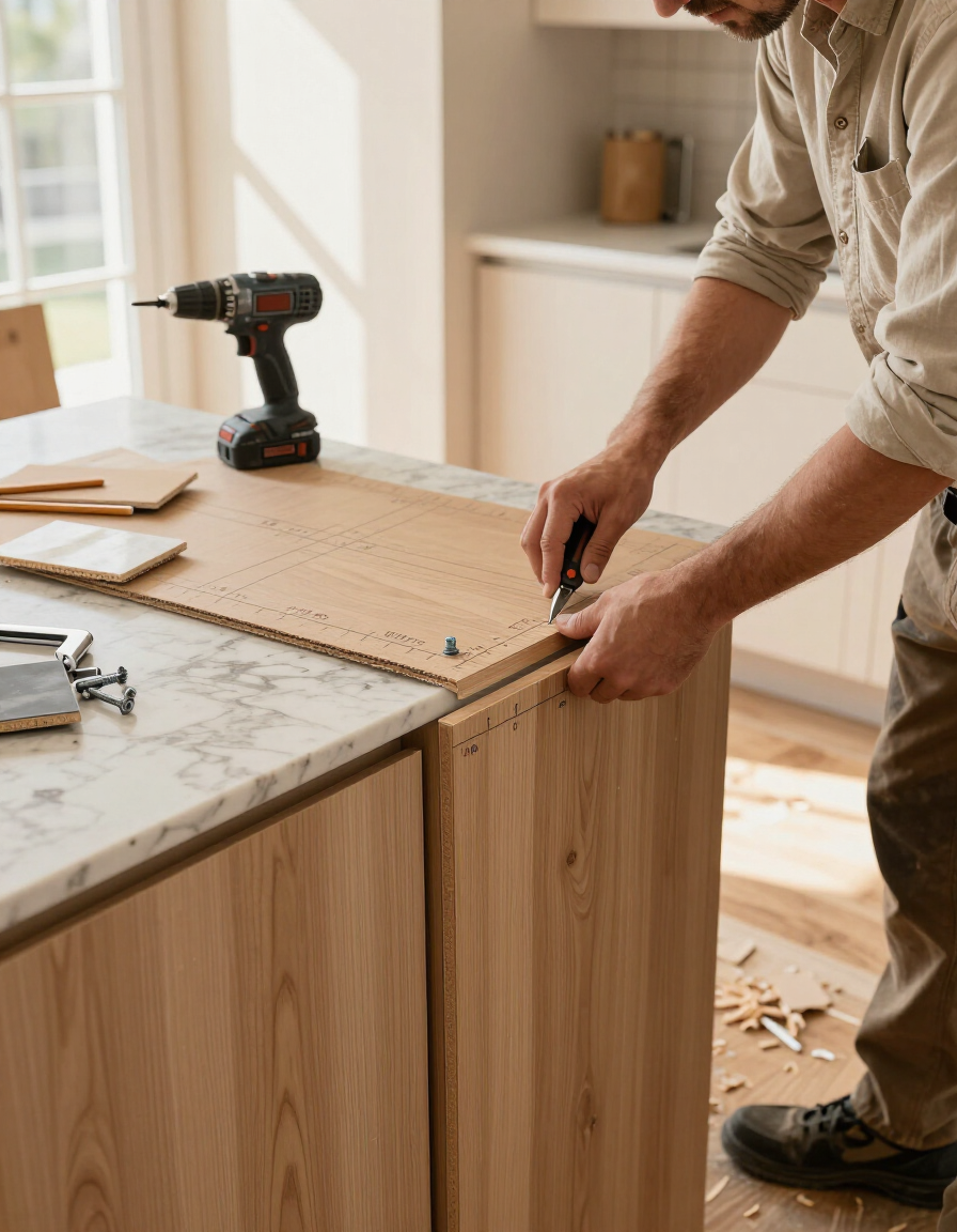 Cabinet installation in progress alongside a countertop template showing material selection and installation coordination