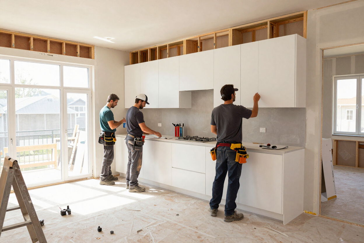Remodeling crew installing cabinetry in kitchen under construction