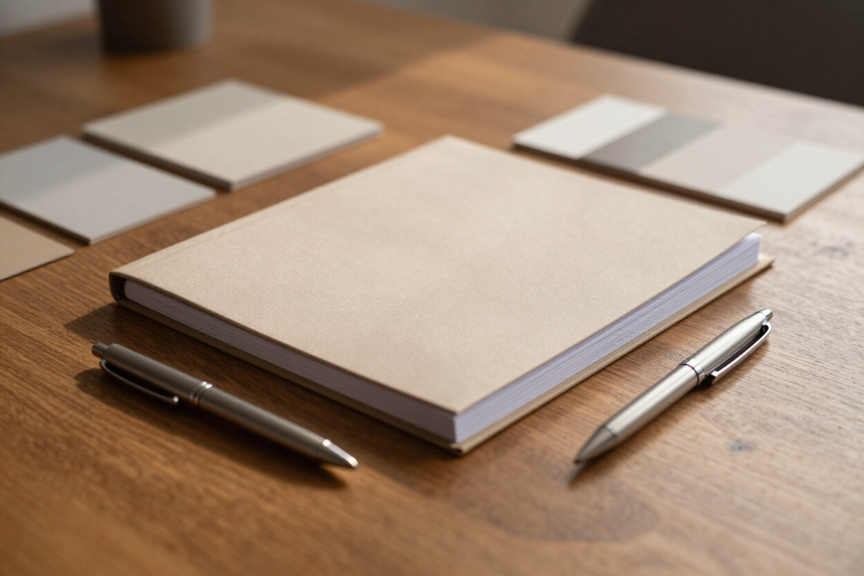 Neat desk with project proposal binder and material sample