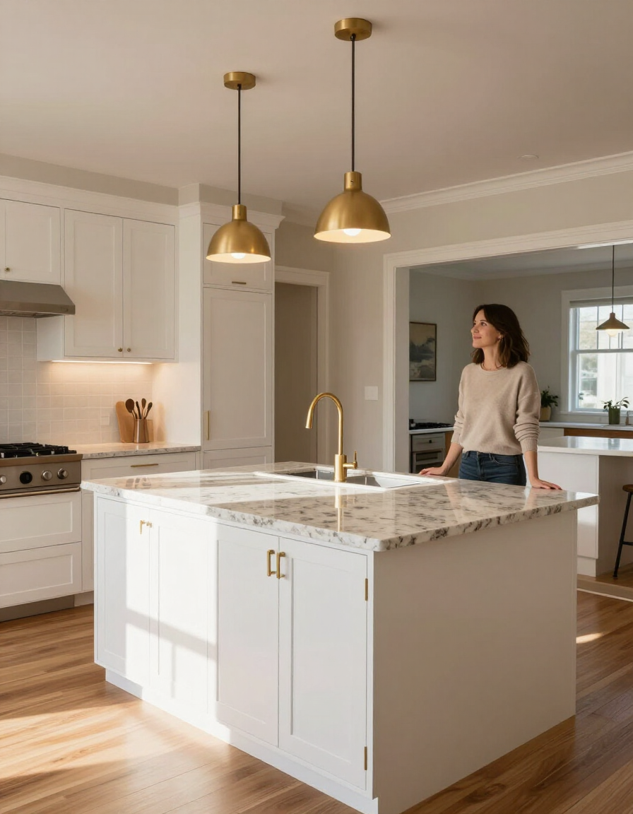 Newly completed kitchen renovation with quartz island and custom cabinetry