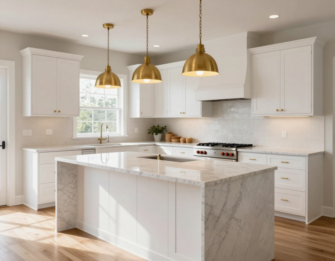 Project manager reviewing blueprints and material samples in a bright kitchen