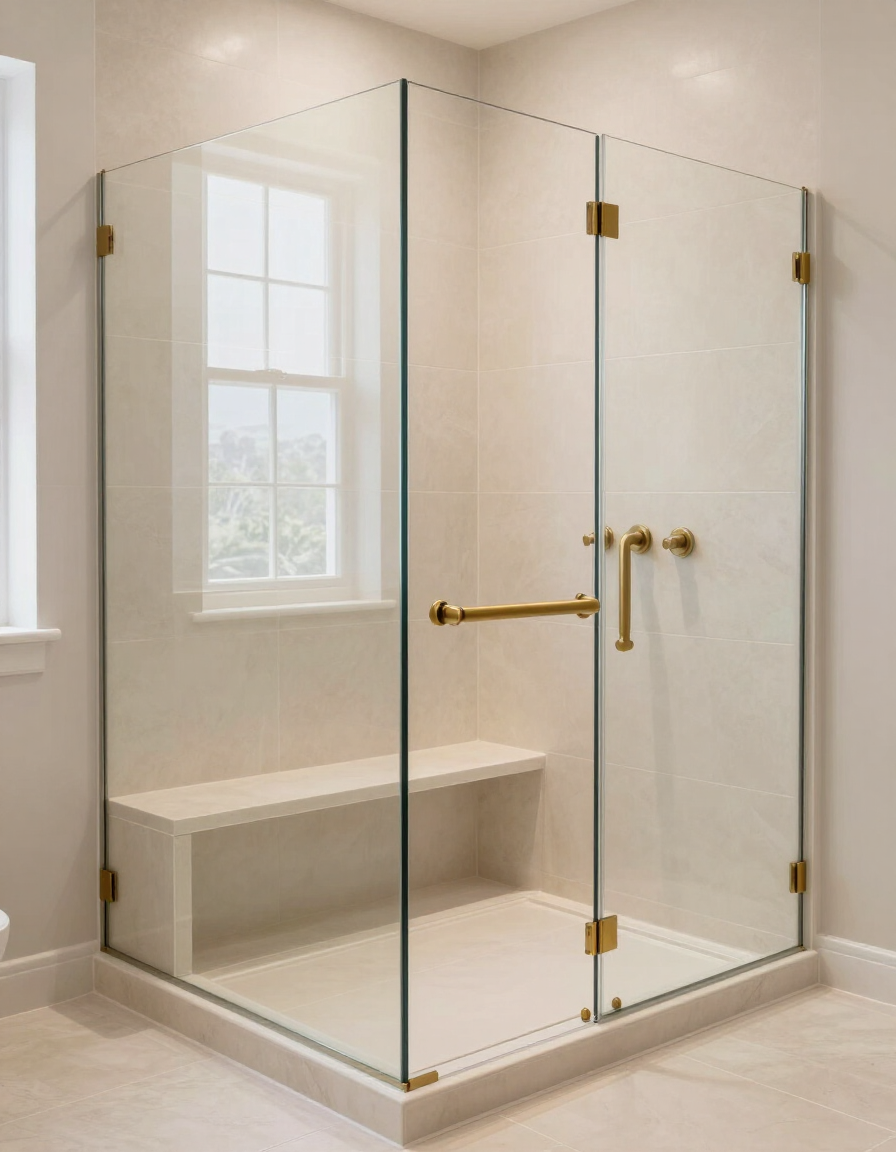 Beautifully finished accessible bathroom with curbless walk-in shower, built-in bench and brushed brass grab bar