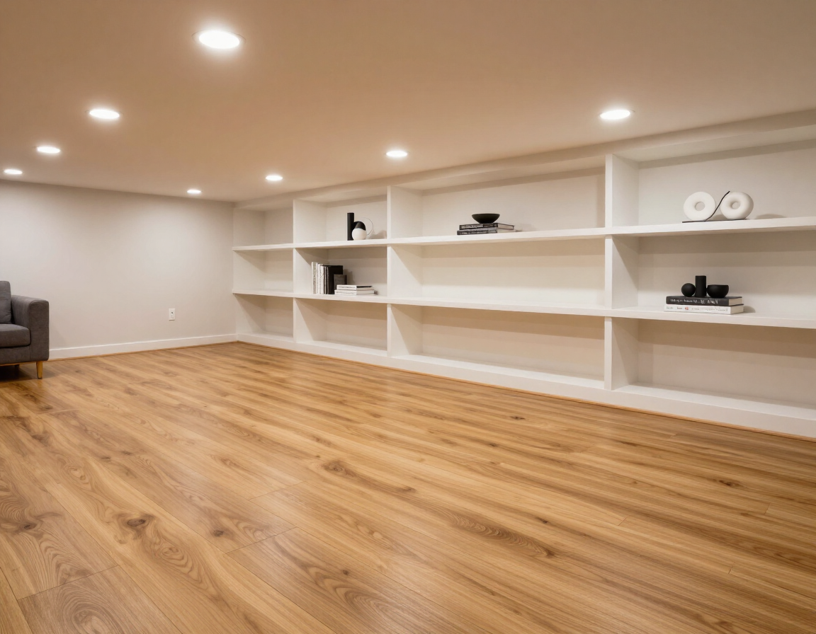 Finished basement with LVP flooring and built-ins