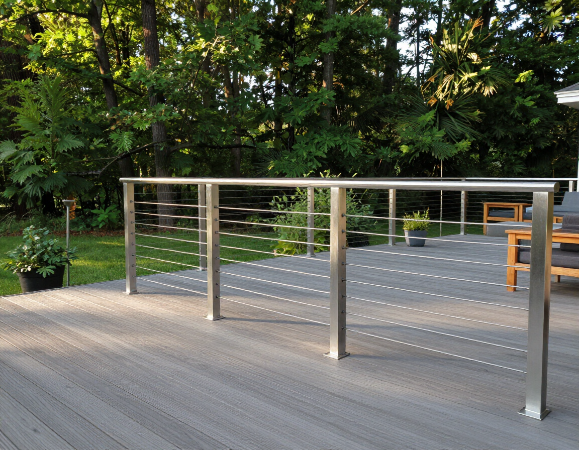 Composite deck with cable railings and wooded backdrop