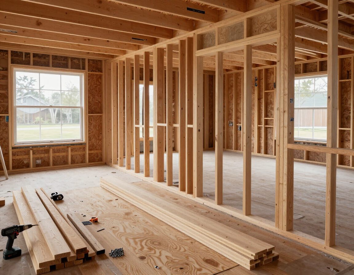 Active residential remodel site with framing and subfloor work