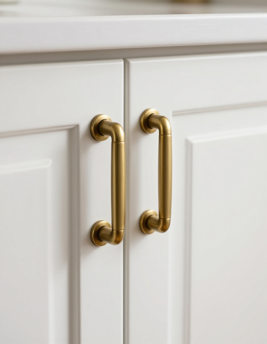 Premium brushed brass cabinet hardware on painted shaker doors