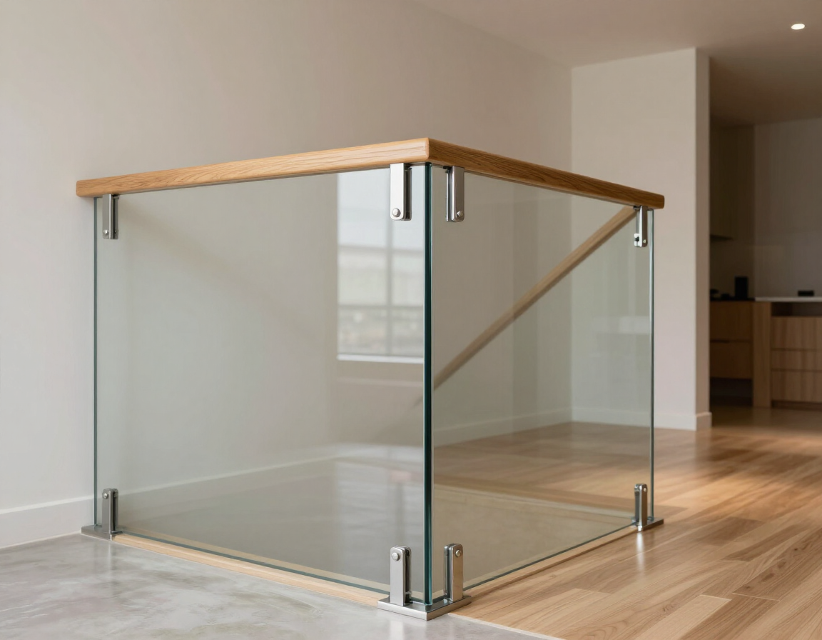 Custom staircase with glass panel railings and oak handrail