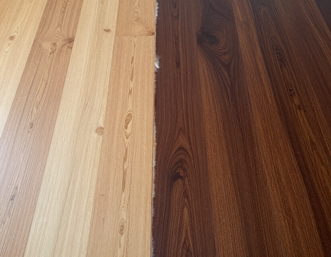 Wood floor refinishing in progress showing contrast between raw and finished dark stain